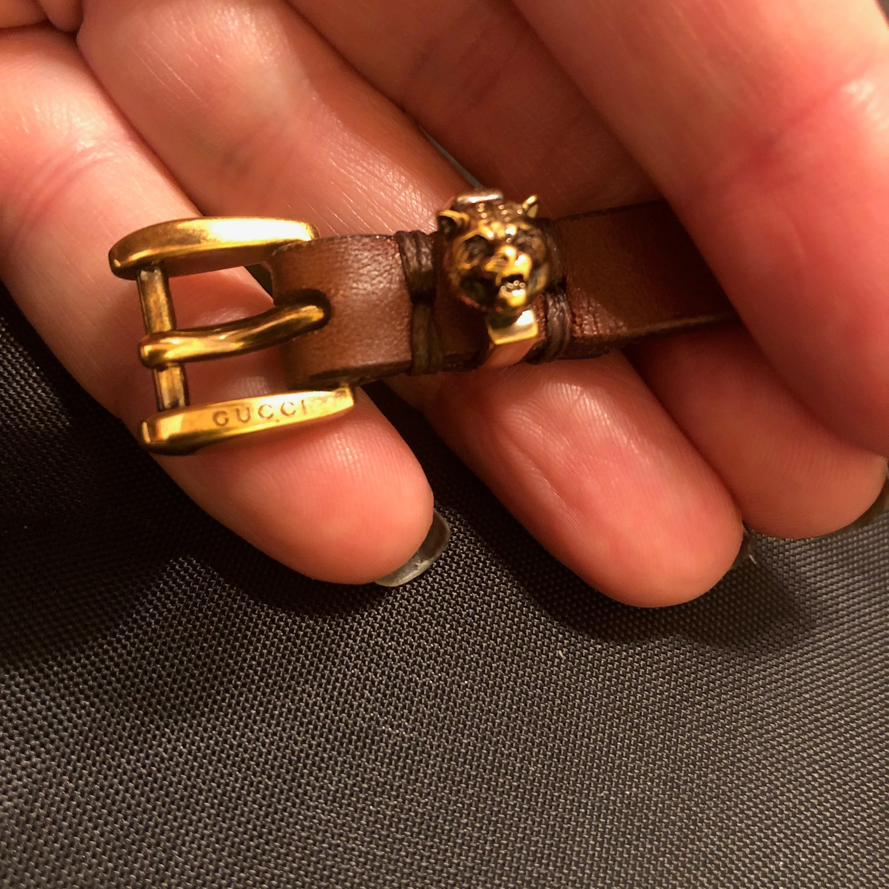 Gucci Studded Feline Head Leather Bracelet in Brown