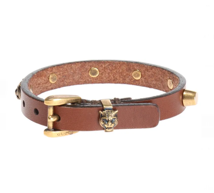 Gucci Studded Feline Head Leather Bracelet in Brown