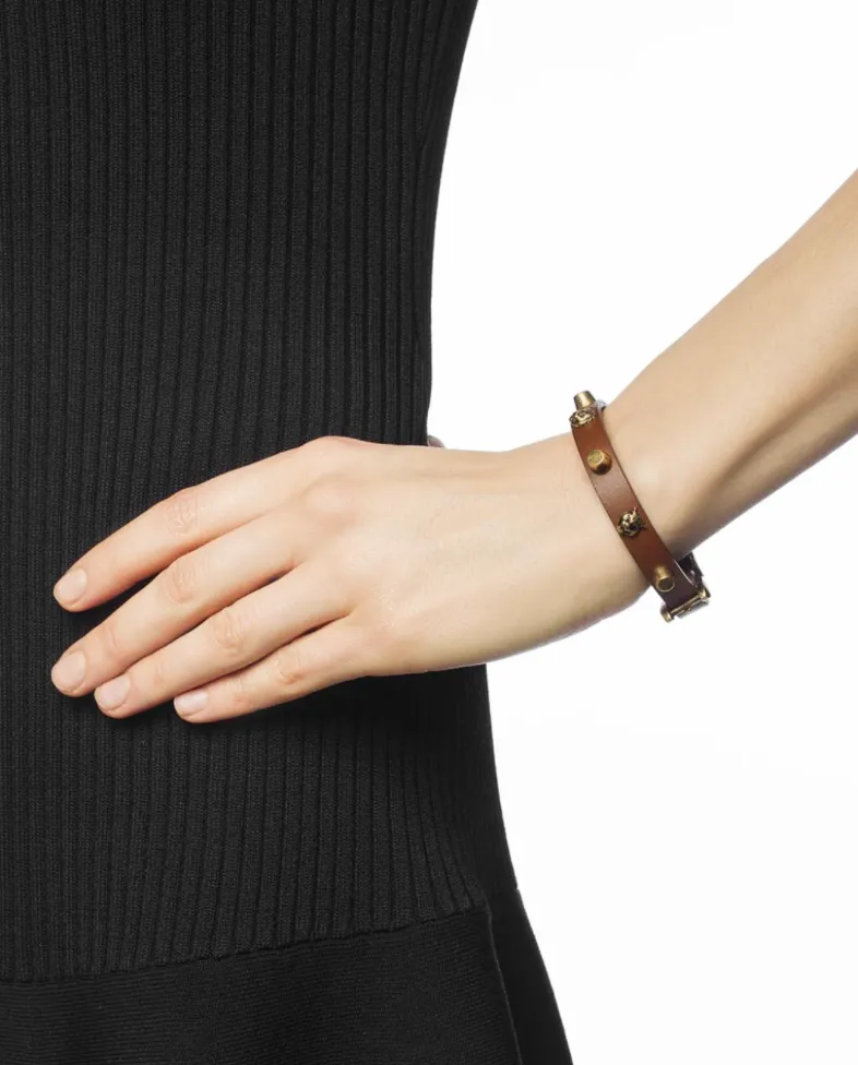 Gucci Studded Feline Head Leather Bracelet in Brown