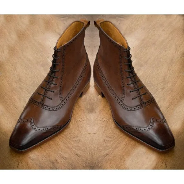 Handmade Brown Leather Wing Tip Brogue Ankle Boots