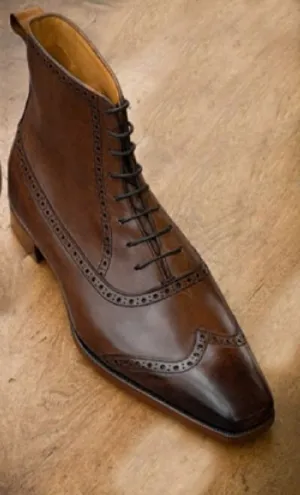 Handmade Brown Leather Wing Tip Brogue Ankle Boots