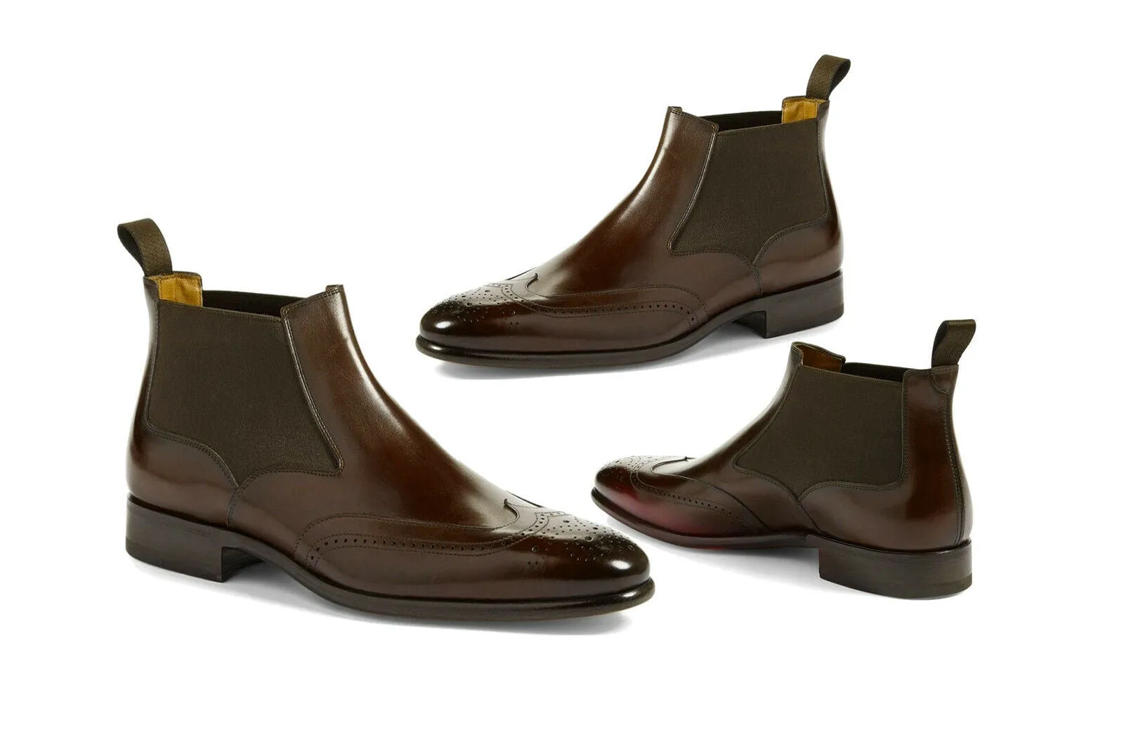 Handmade Brown Wingtip Brogue Leather Chelsea Dress Boots