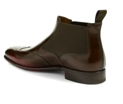 Handmade Brown Wingtip Brogue Leather Chelsea Dress Boots