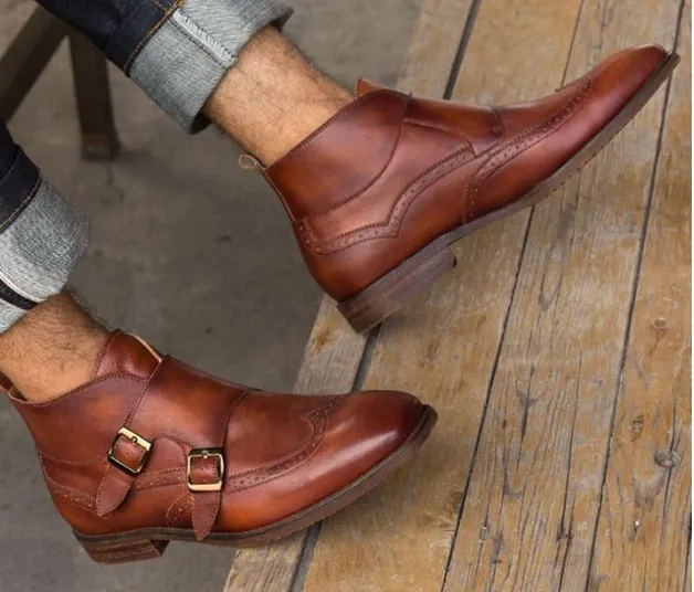 Handmade Double Monk Wingtip Brogue Chukka Boots for Men