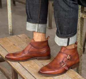 Handmade Double Monk Wingtip Brogue Chukka Boots for Men