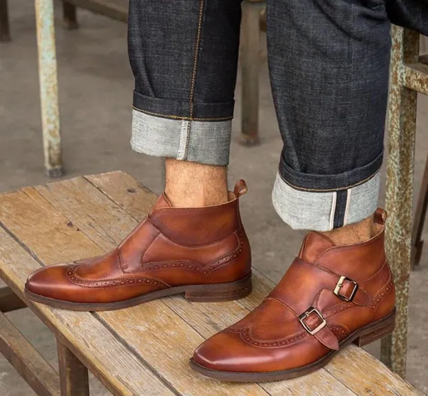 Handmade Double Monk Wingtip Brogue Chukka Boots for Men