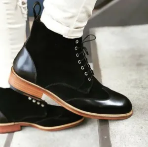 Handmade Leather Wingtip Ankle Boots for Men