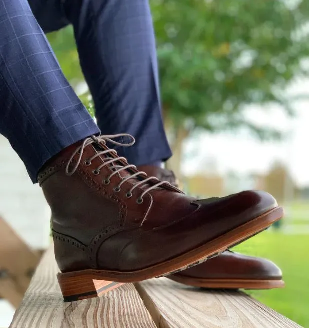 Handmade Men's Coffee Brown Wingtip Brogue Ankle Boots