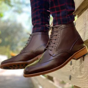 Handmade Men's Coffee Brown Wingtip Brogue Ankle Boots