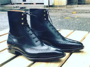 Handmade Navy Blue Wingtip Brogue Leather Dress Boots