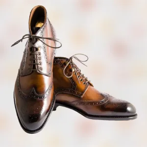 Handmade Shaded Tan Leather Wingtip Brogue Ankle Boots