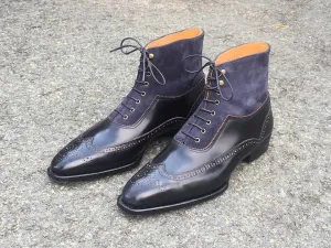 Handmade Two Tone Wingtip Leather Ankle Boots