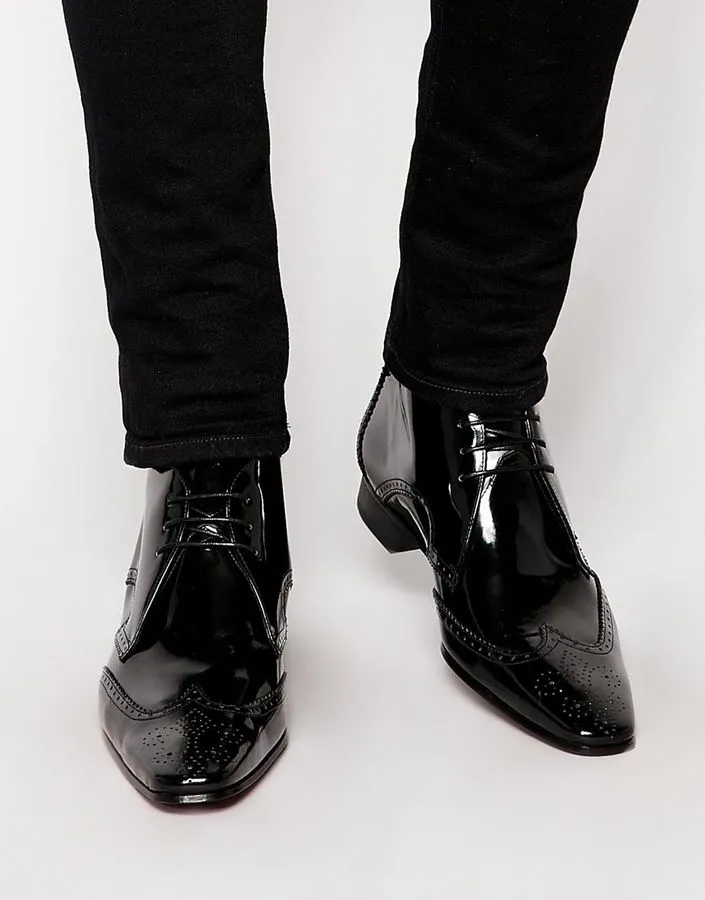 Handmade Wing Tip Brogue Patent Leather Lace Up Ankle Boots