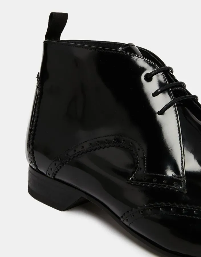 Handmade Wing Tip Brogue Patent Leather Lace Up Ankle Boots