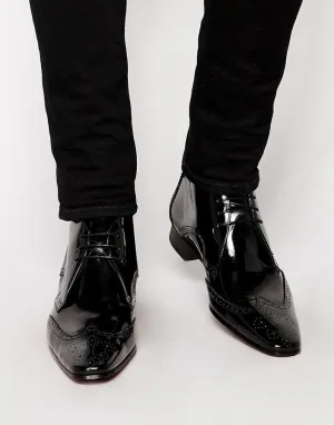 Handmade Wing Tip Brogue Patent Leather Lace Up Ankle Boots