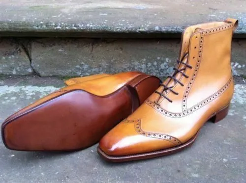 Handmade Wing Tip Lace Up Ankle Dress Boots for Men