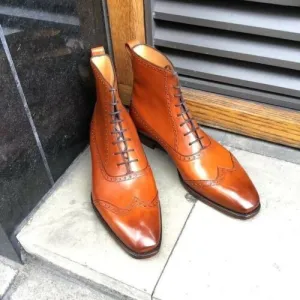 Handmade Wing Tip Lace Up Ankle Dress Boots for Men