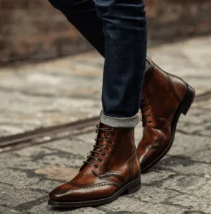 Handmade Wingtip Brogue Lace-Up Dress Boots for Men