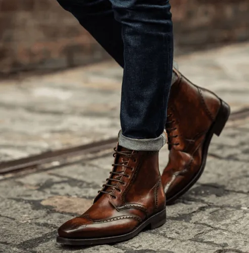 Handmade Wingtip Brogue Lace-Up Dress Boots for Men