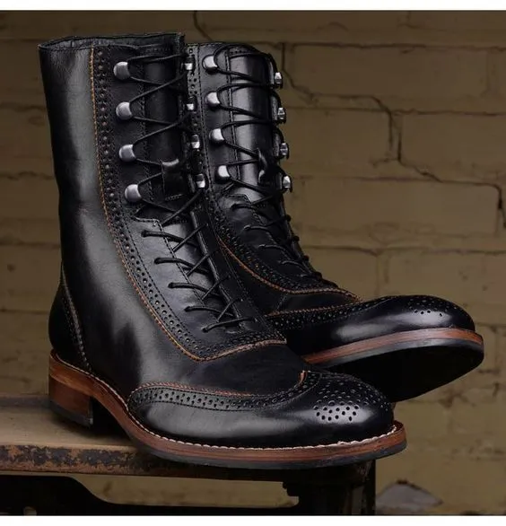 Handmade Wingtip Leather Ankle Boots for Men