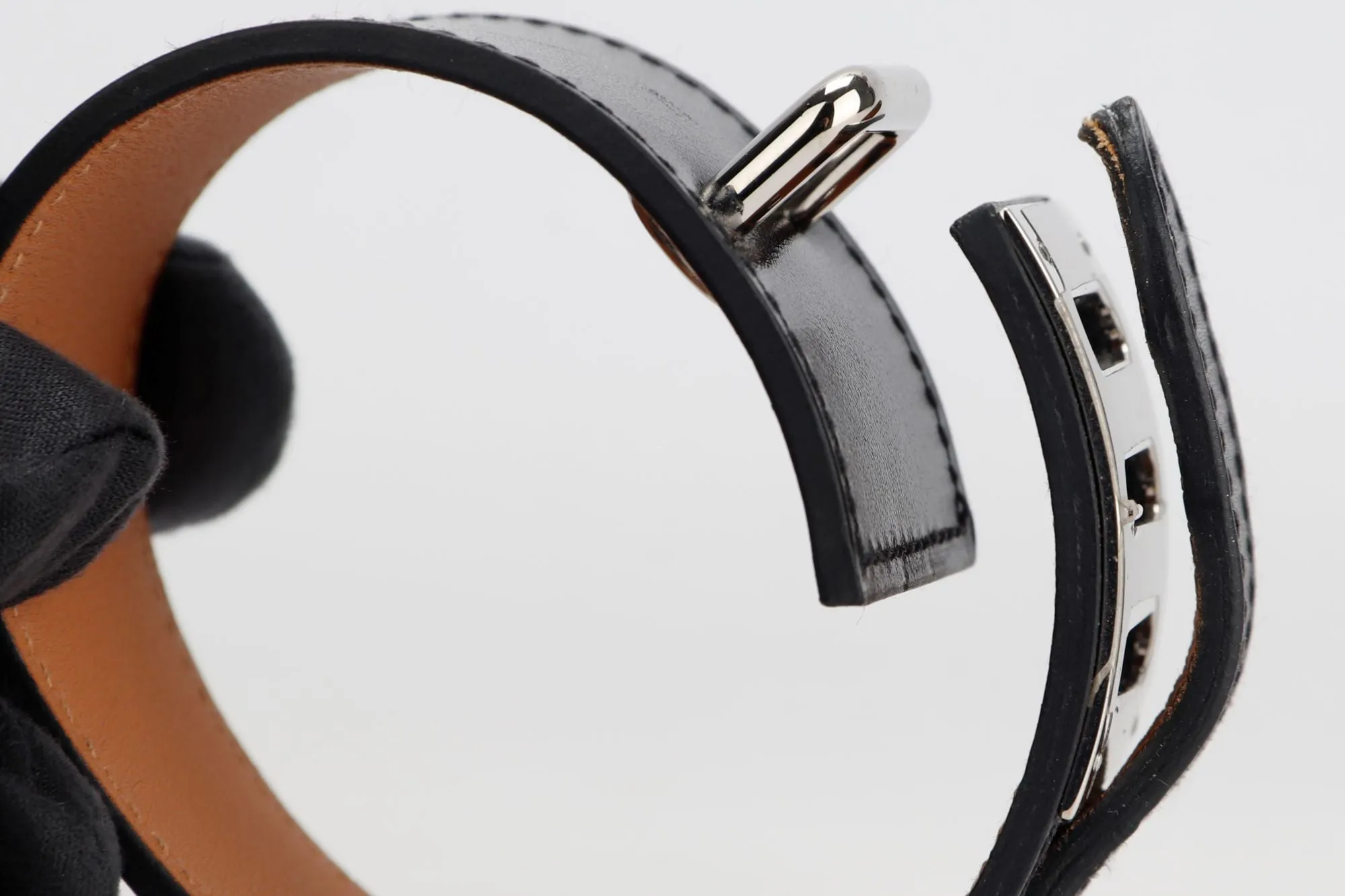 Hermes Perforated Intense Bracelet, Black Color, Silver Hardware