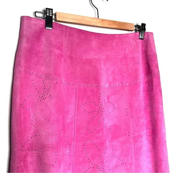 In Suede | Pink Floral Perforated Suede Knee Length Skirt Size 8