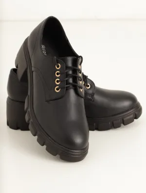 Ladies Plain Oxford Lace-Up On Lug Sole - Black
