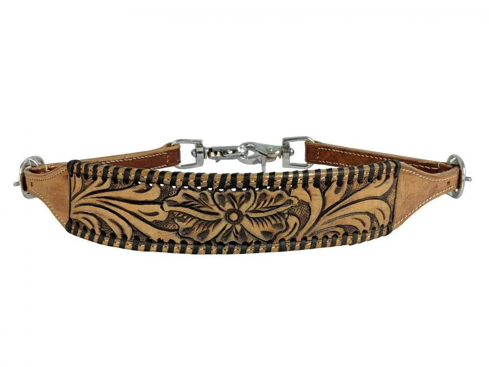 Leather wither strap with tooled flowers and black whip stitching