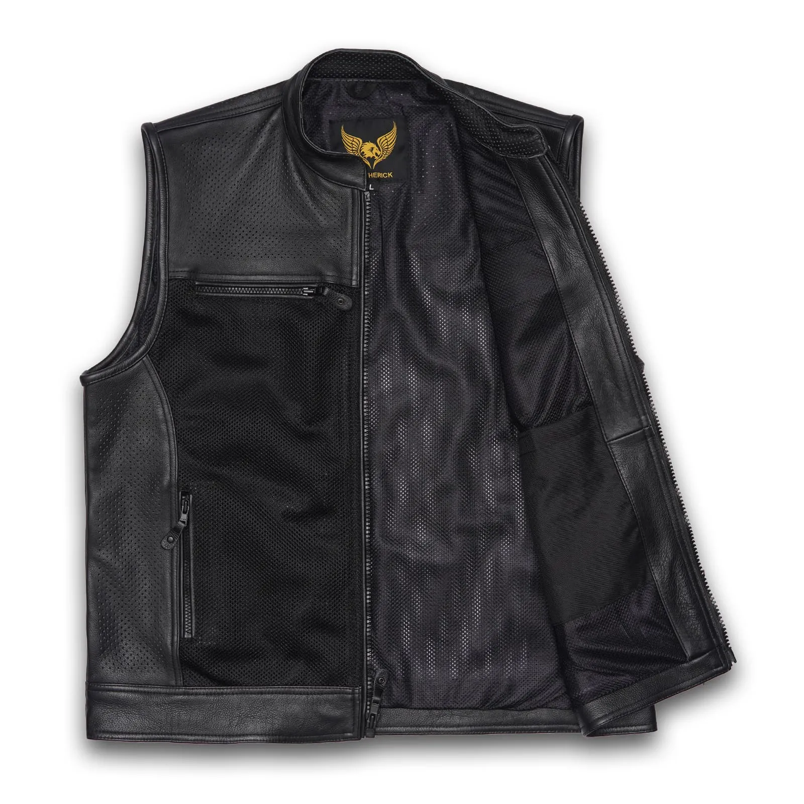 Leatherick Mens Perforated Custom Biker Leather Vest in Medium (M)