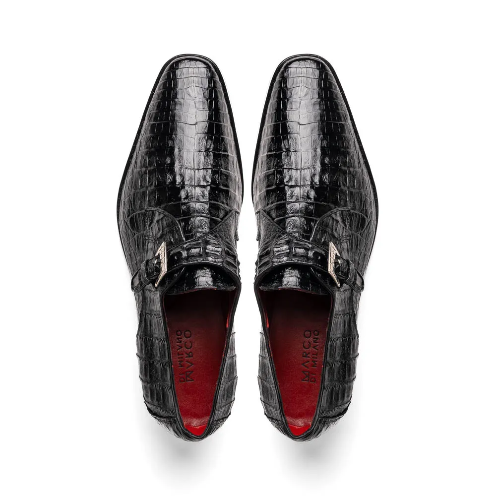 Marco Di Milano Rovigo in Black Caiman Crocodile Monk Strap Dress Shoes