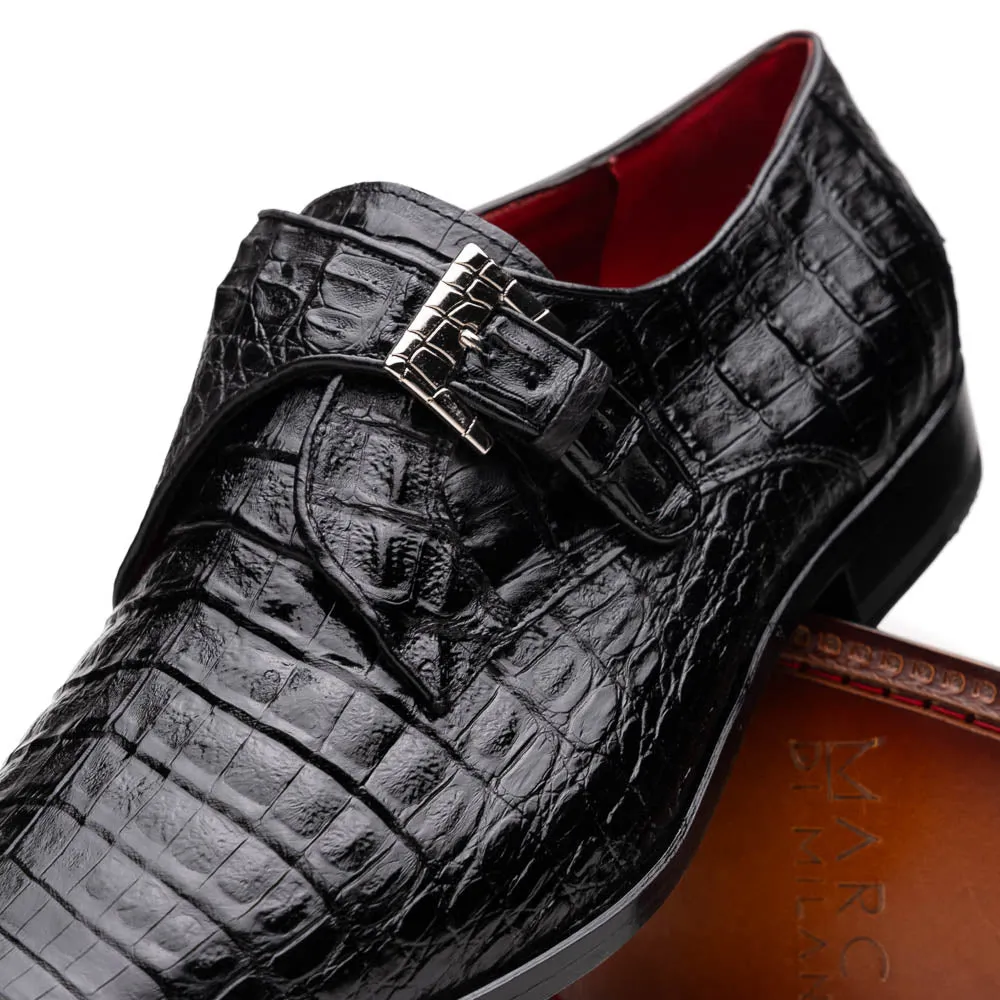 Marco Di Milano Rovigo in Black Caiman Crocodile Monk Strap Dress Shoes