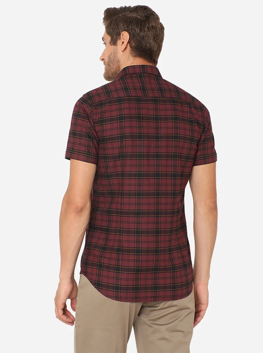 Maroon Checked Slim Fit Semi Casual Shirt | JadeBlue