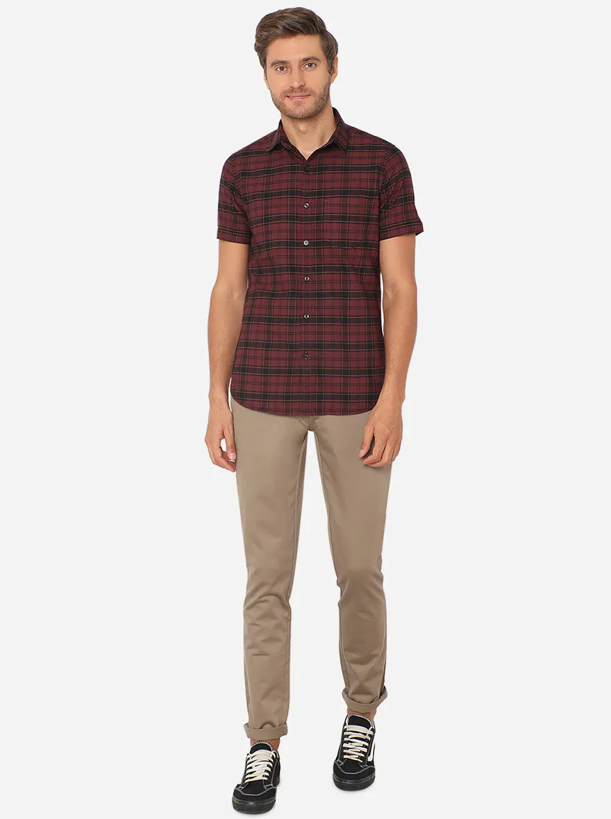 Maroon Checked Slim Fit Semi Casual Shirt | JadeBlue
