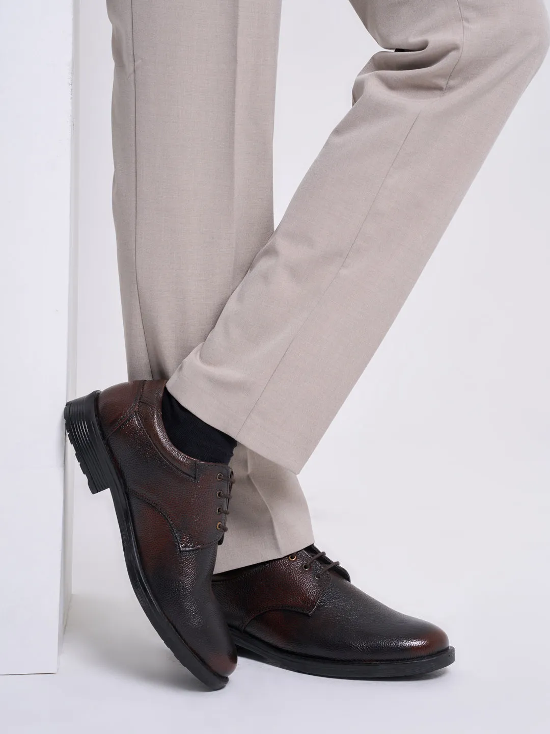 Men Brown Genuine Burnish Leather Formal Lace Up Derby Shoes For Office|Work