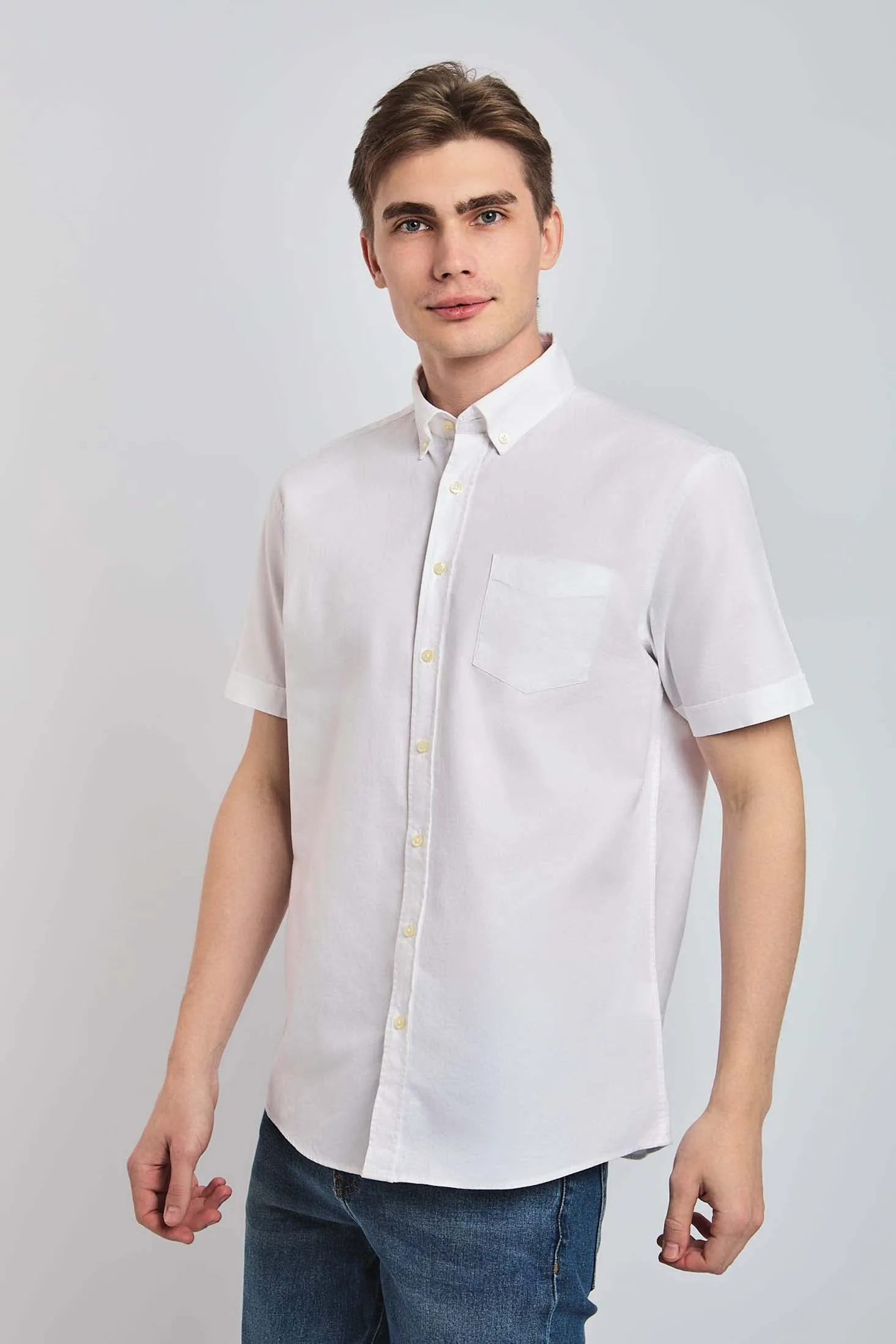 Men Shirt Regular Fit Oxford Cotton Short Sleeves
