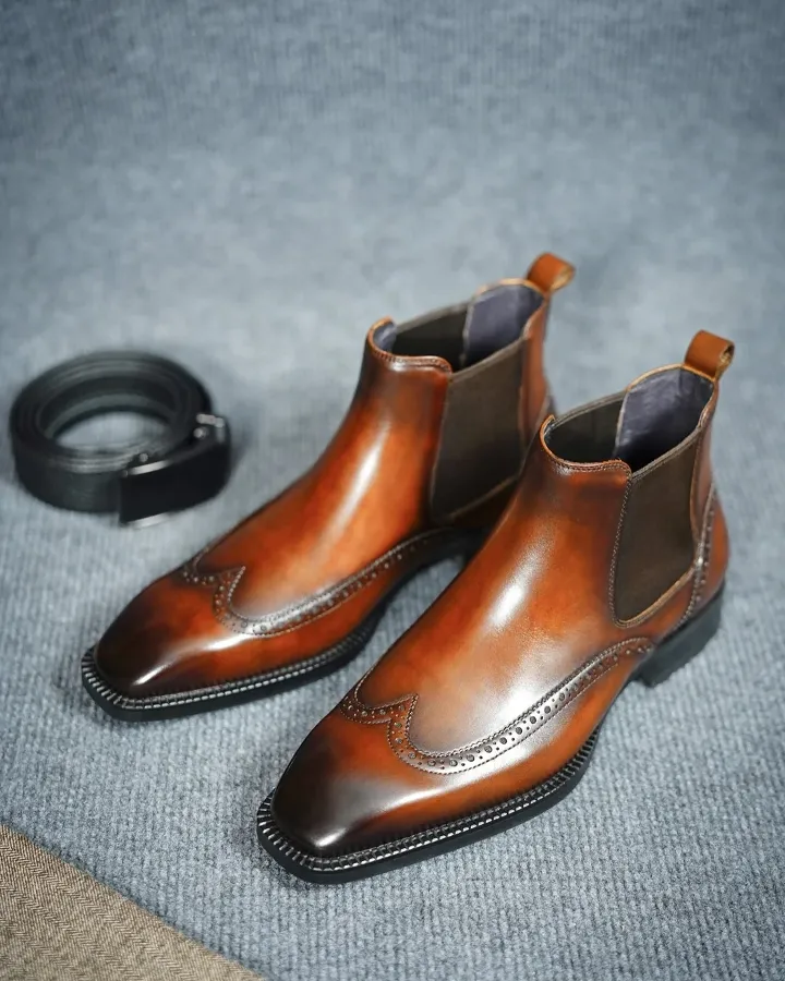 Men's handmade brown genuine leather ankle high wingtip Chelsea boots