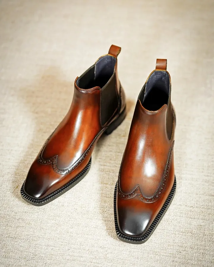 Men's handmade brown genuine leather ankle high wingtip Chelsea boots
