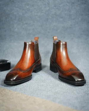 Men's handmade brown genuine leather ankle high wingtip Chelsea boots
