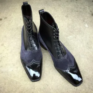 Men's Two Tone Wingtip Cap Toe Leather Suede Ankle Boots