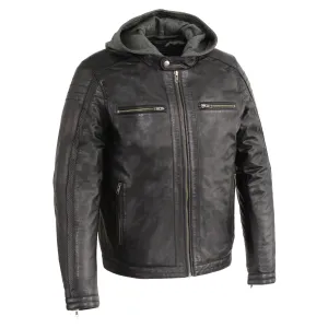 Men's Zipper Front Leather Jacket w/ Removable Hood