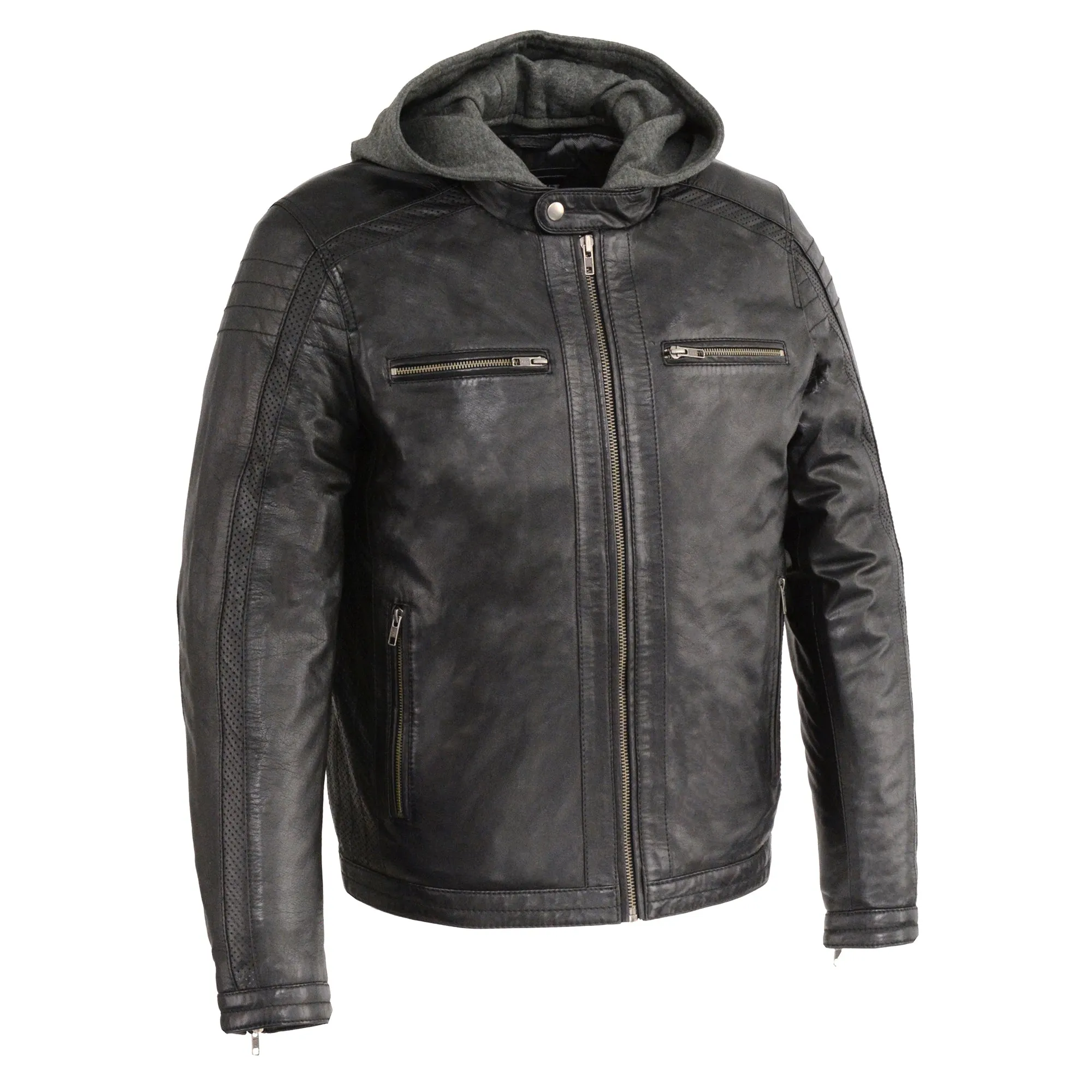 Men's Zipper Front Leather Jacket w/ Removable Hood
