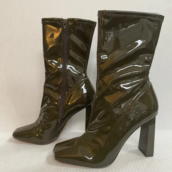 New Aldo Fidella Faux Patent Leather AnkleBootie Olive Green Size 9 $140MSRP