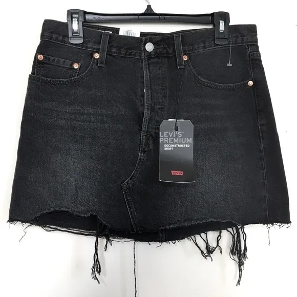 NEW Levi's Premium Denim Black Deconstructed Distressed Denim Mini Skirt