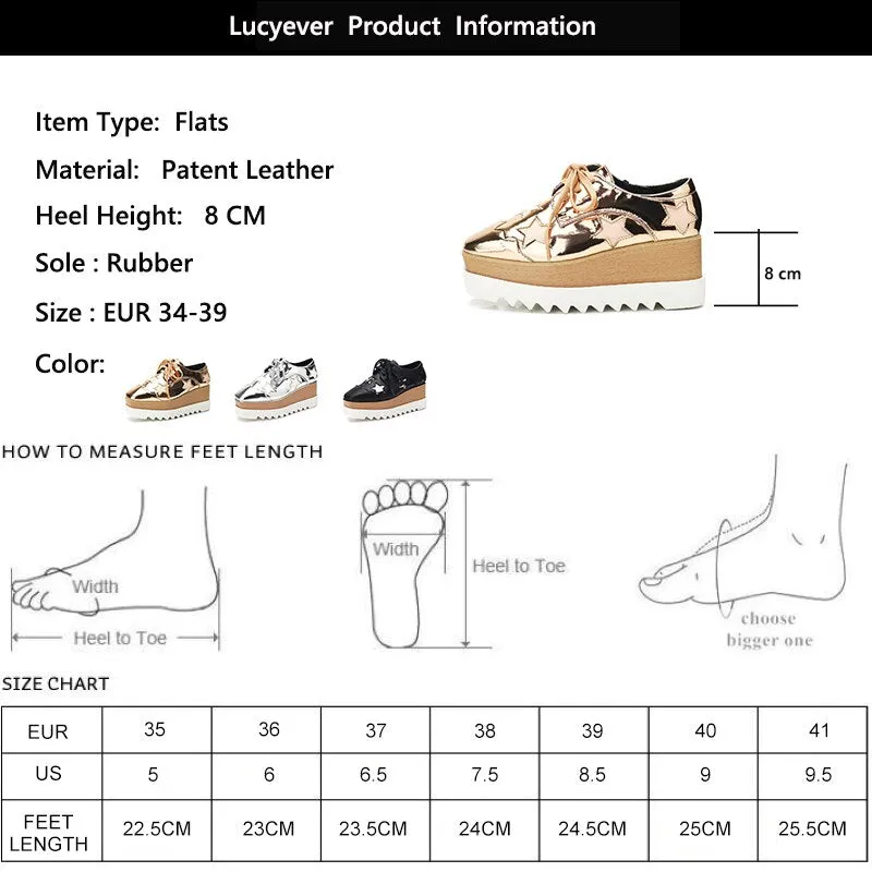 Original 2022 Autumn Women Patent Leather Stars Flat Platform Casual Shoes Fashion Lace Up Brogue Shoes Footwear Chaussures Femme