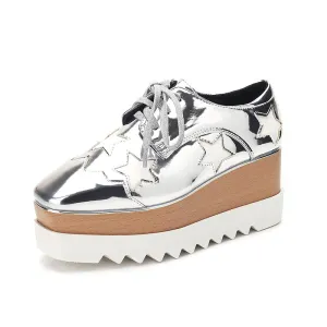 Original 2022 Autumn Women Patent Leather Stars Flat Platform Casual Shoes Fashion Lace Up Brogue Shoes Footwear Chaussures Femme