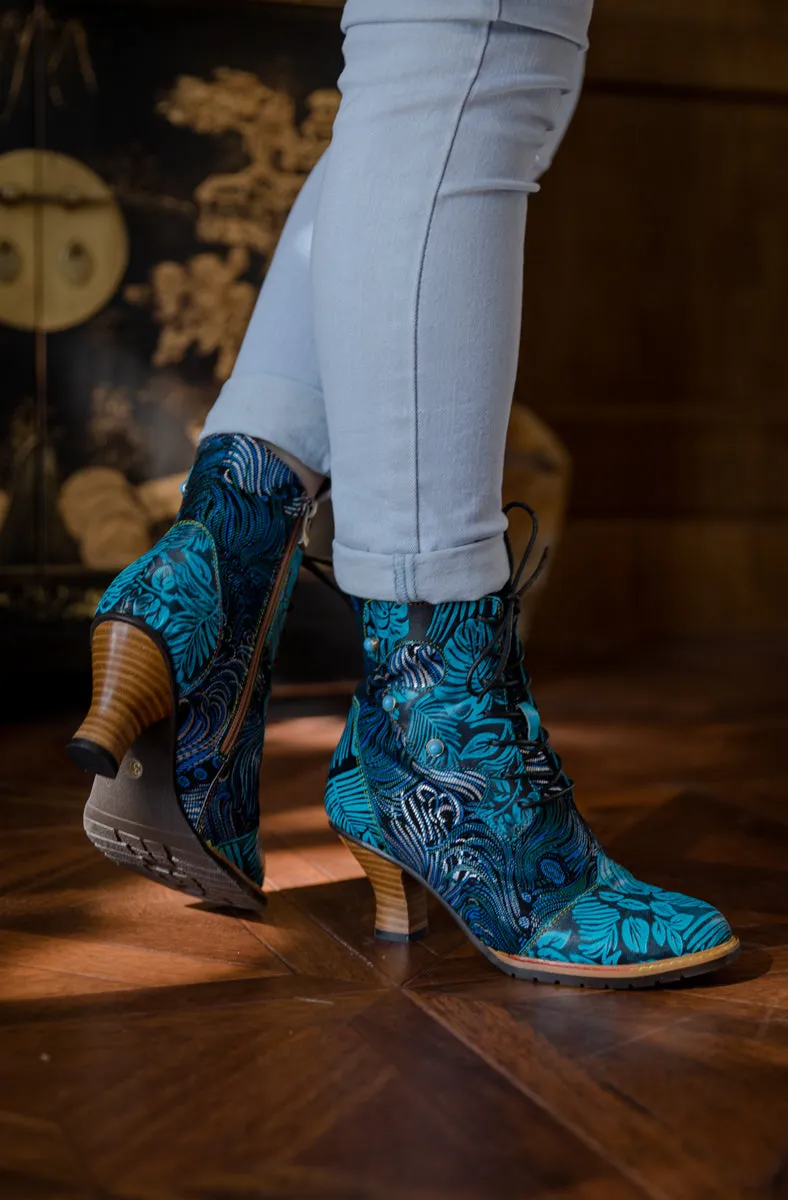 Palm Leaf Peacock Feather Leather Ankle Boot