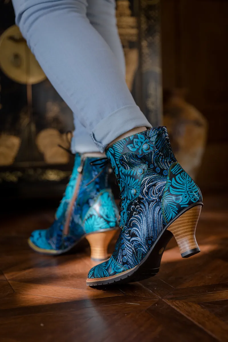 Palm Leaf Peacock Feather Leather Ankle Boot