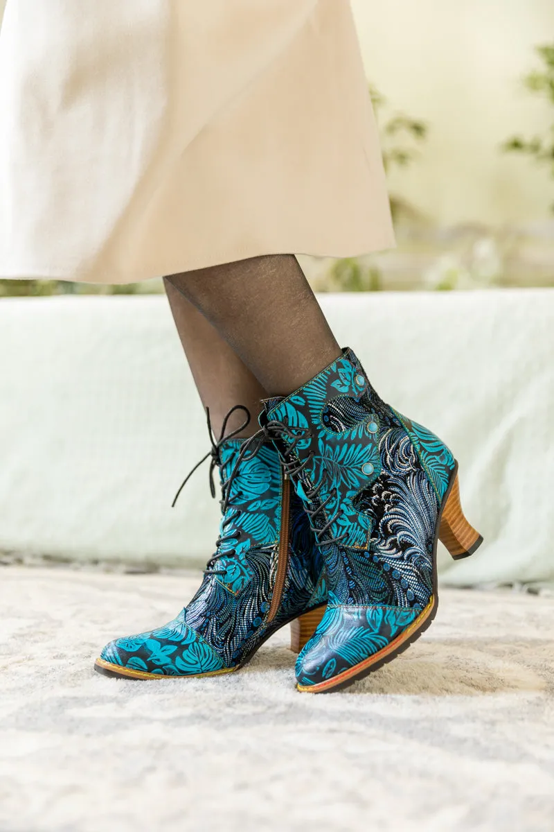 Palm Leaf Peacock Feather Leather Ankle Boot