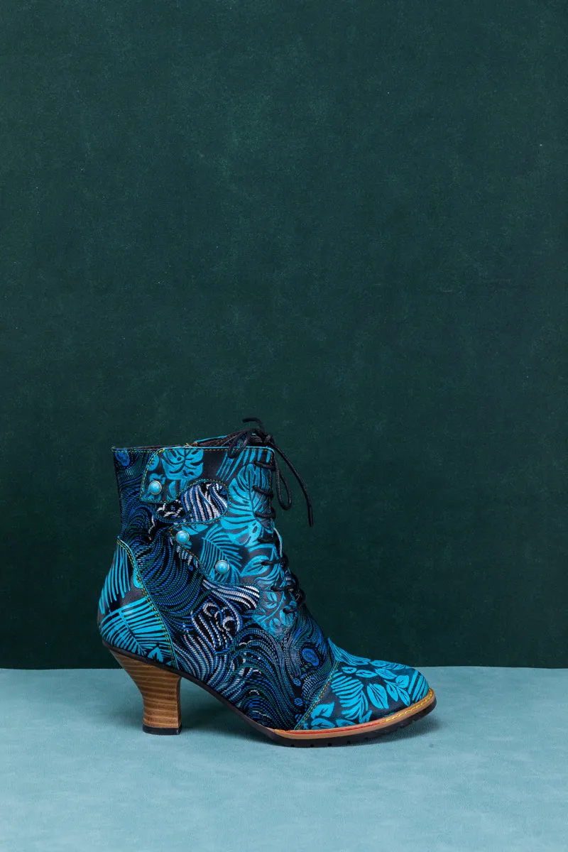 Palm Leaf Peacock Feather Leather Ankle Boot