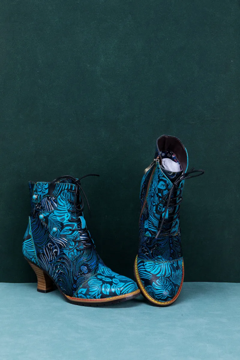 Palm Leaf Peacock Feather Leather Ankle Boot